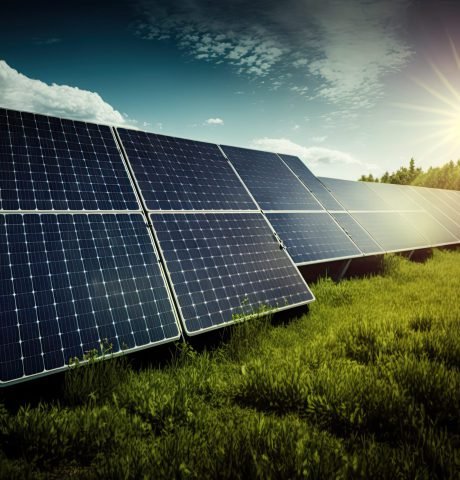 photovoltaic solar power panel in the field, green clean Alternative power energy concept.